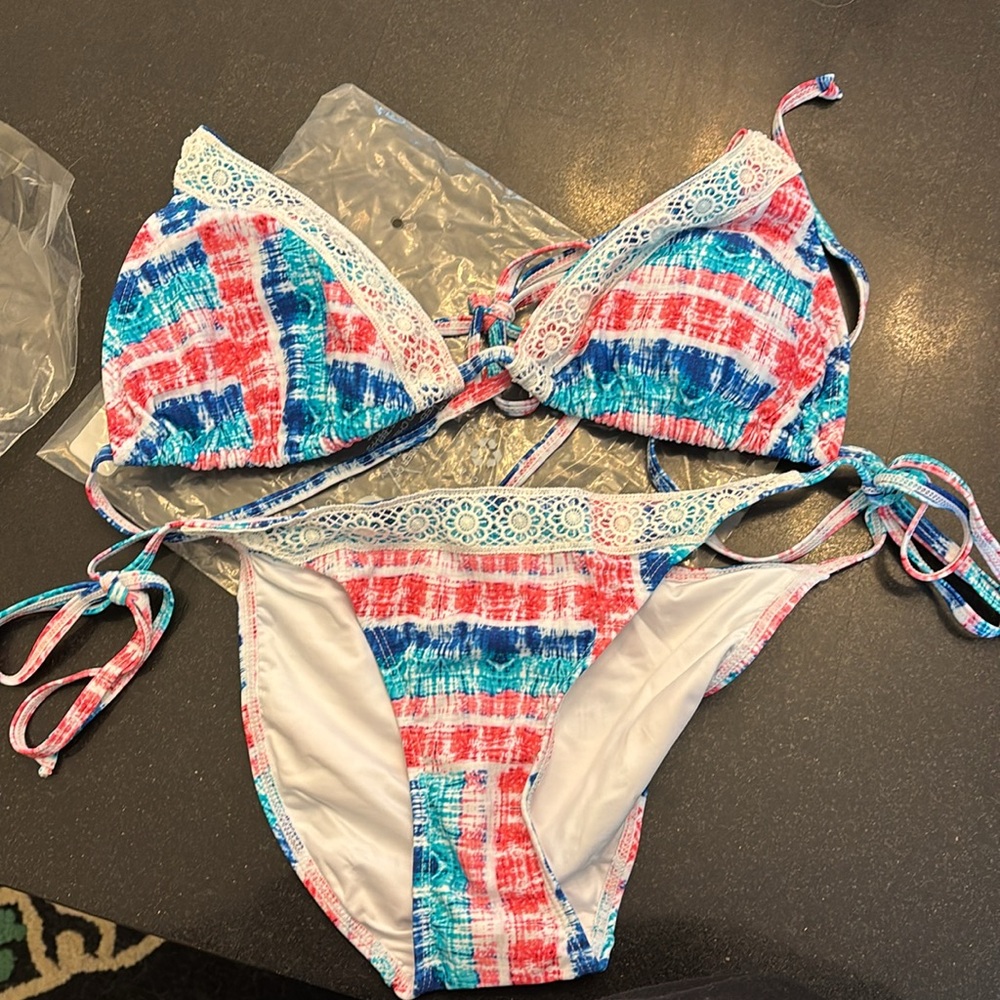 Venus lace tie side bottom and matching triangle top in color better barefoot